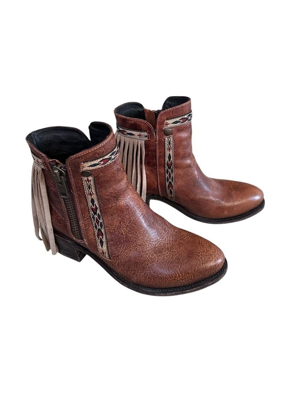Corral Boots Brown Distressed Leather Side Zip Fringe Ankle Bootie 8.5 Western